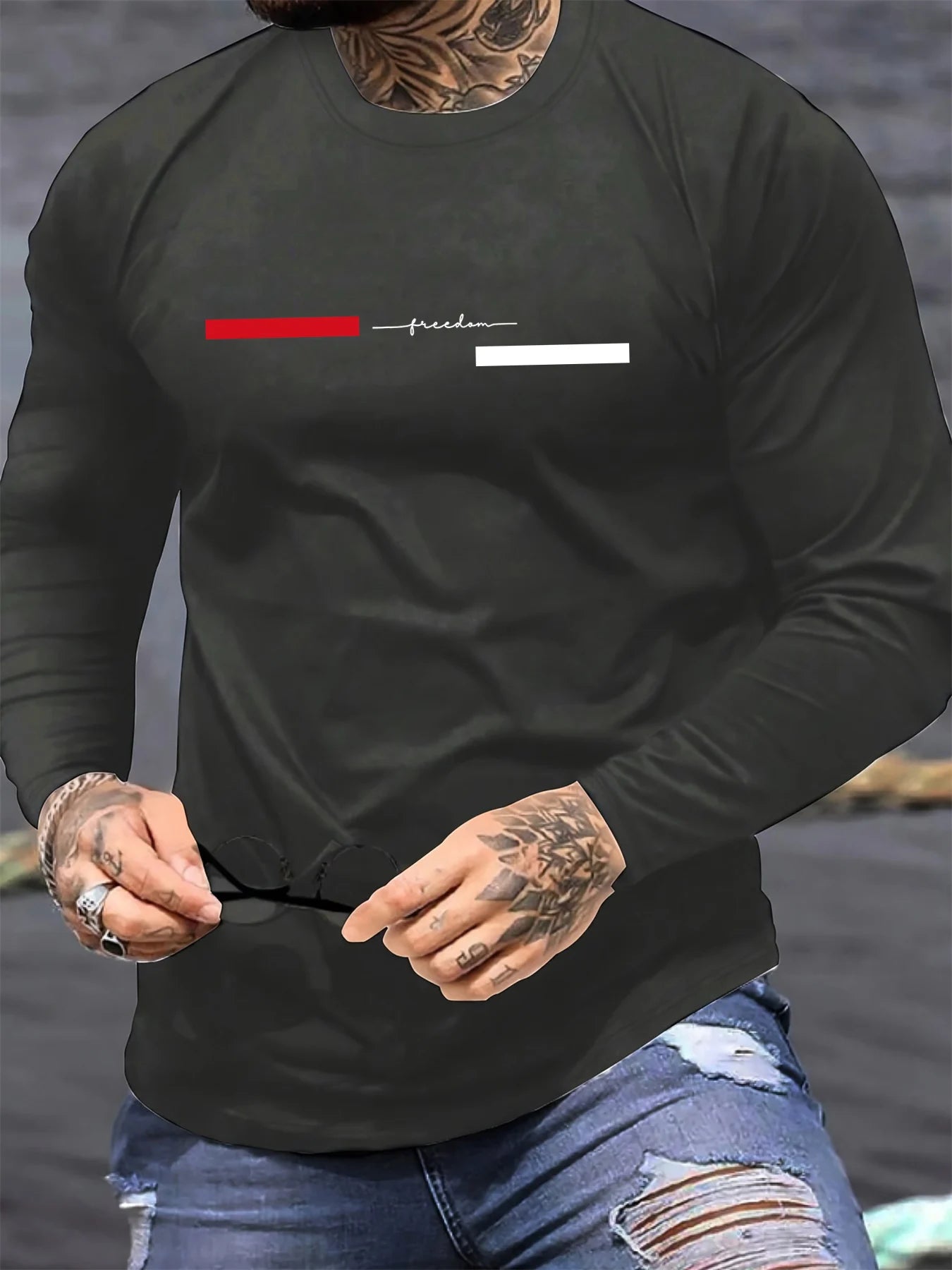 100% pure cotton men's long sleeved round neck loose casual freedom letter pattern printed spring and autumn versatile T-shirt